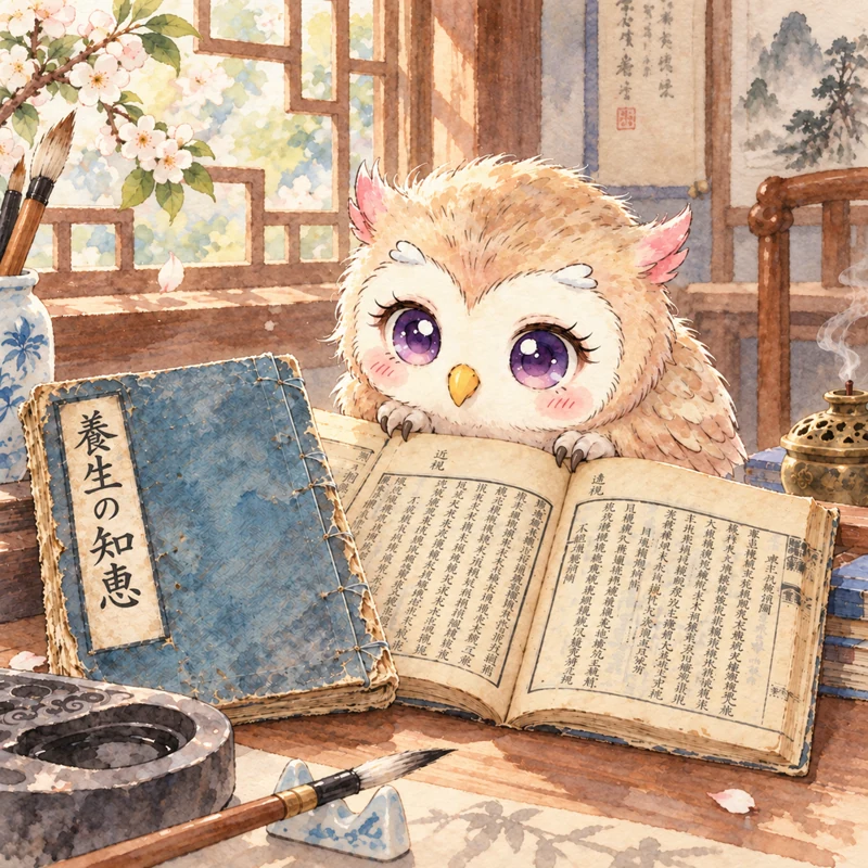 東洋医学の考え方と、目・身体・毎日のこと 「養生の知恵」と書かれた書物を読んでいるふくろうの水彩画