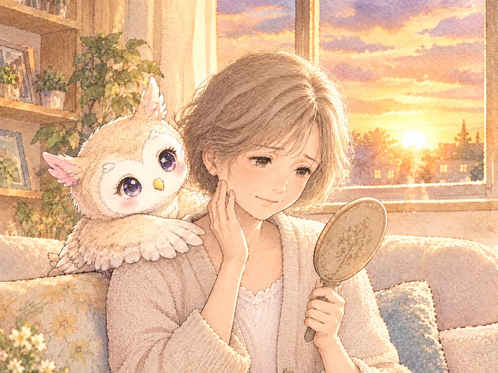 これからの私に、見える喜びを 夕方のリビングで手鏡を見つめる女性の肩に、ふくろうがそっと寄り添う水彩画。これからの見える喜びを感じる穏やかな時間