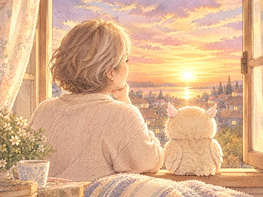 これからの私に、見える喜びを 夕暮れの窓辺で、50代後半の女性がふくろうと並んで夕日を眺める水彩画。これからも自分の目で楽しんでいきたいという願いを表す時間