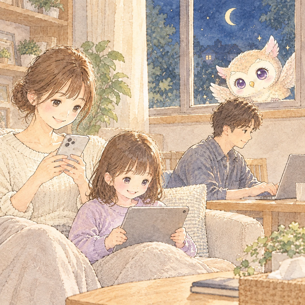 目と、今の暮らし 家族とデジタル機器のイラスト 夜のリビングで、母親がスマホ、子どもがタブレット、父親がパソコンを見ている様子と、窓の外から見守るフクロウのイラスト